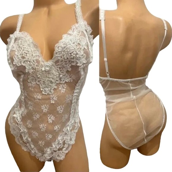 Sachet vintage White Lace Teddy Sachet sz L bridal Y2K sheer embroidered NWOT - Picture 1 of 9